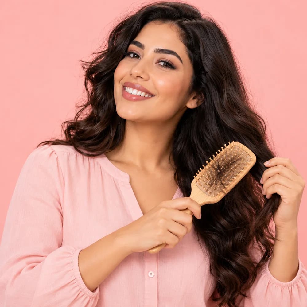 Notre modèle brosse ses cheveux, quelques cheveux dans la brosse
