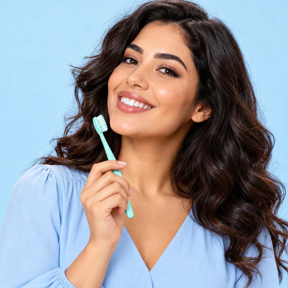 Notre modèle sourit avec une brosse à dents