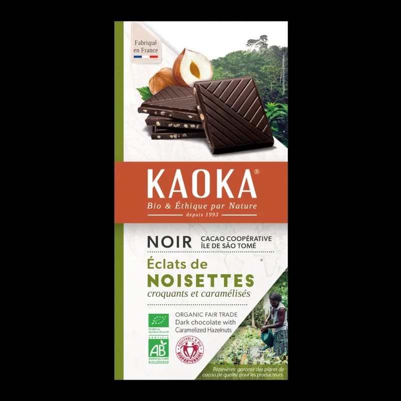 KAOKA TABLETTE DE CHOCOLAT NOIR 66% AUX ECLAT NOISETTES CARAMELISES 100G