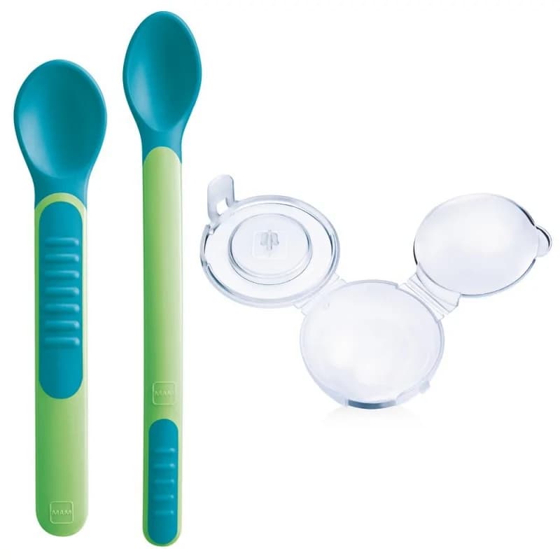 MAM 2 CUILLÈRES THERMO SENSIBLES + ÉTUI COULEUR VERTE 6+ MOIS
