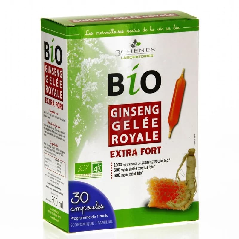 3 chênes Ginseng Gelée Royale BIO EXTRA FORT  30 AMPOULES
