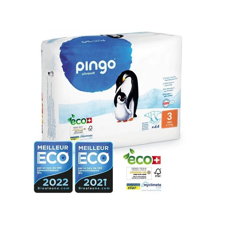PINGO COUCHES ÉCOLOGIQUES JETABLES MIDI TAILLE 3 (4-9KG) 44 COUCHES