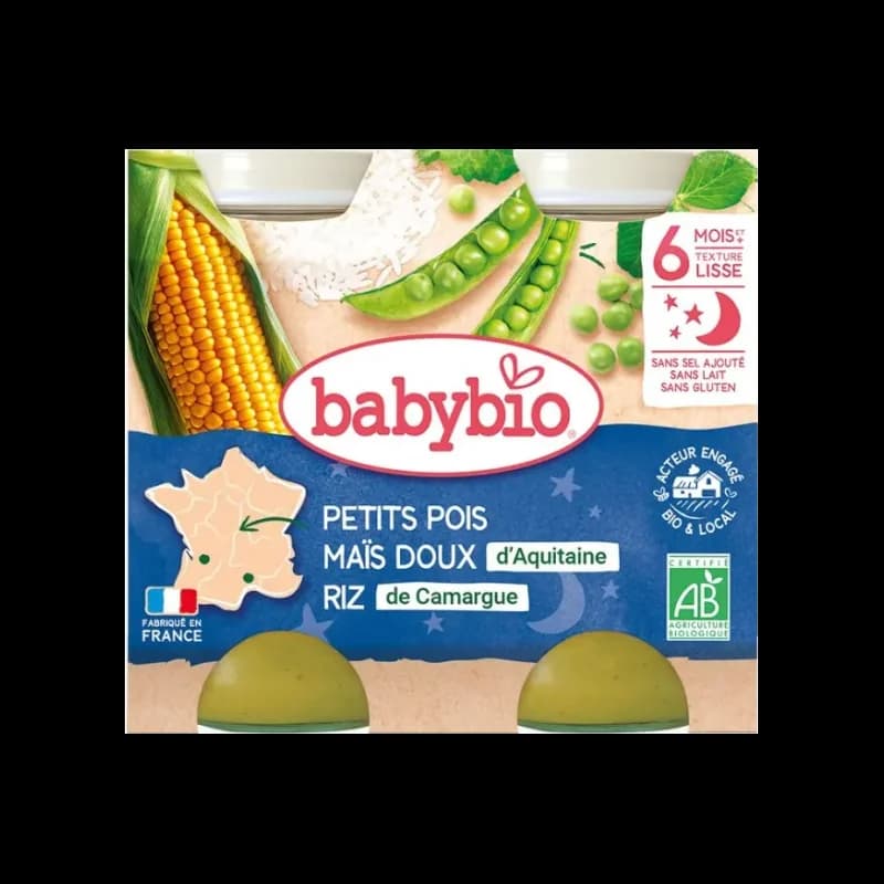 Babybio Petits Pois Maïs Doux d’Aquitaine Riz de Camargue 2x200g