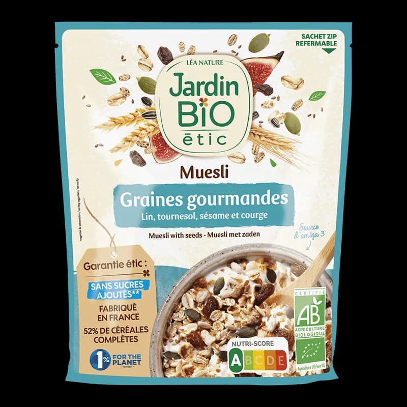 JARDIN BIO "MUESLI AUX GRAINES SANS SUCRE AJOUTE 375G  (lin, tournesol, sarrasin, sésame, courge et raisins secs)"