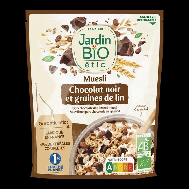 JARDIN BIO MUESLI CHOCOLAT NOIR ET GRAINES DE LIN 375G