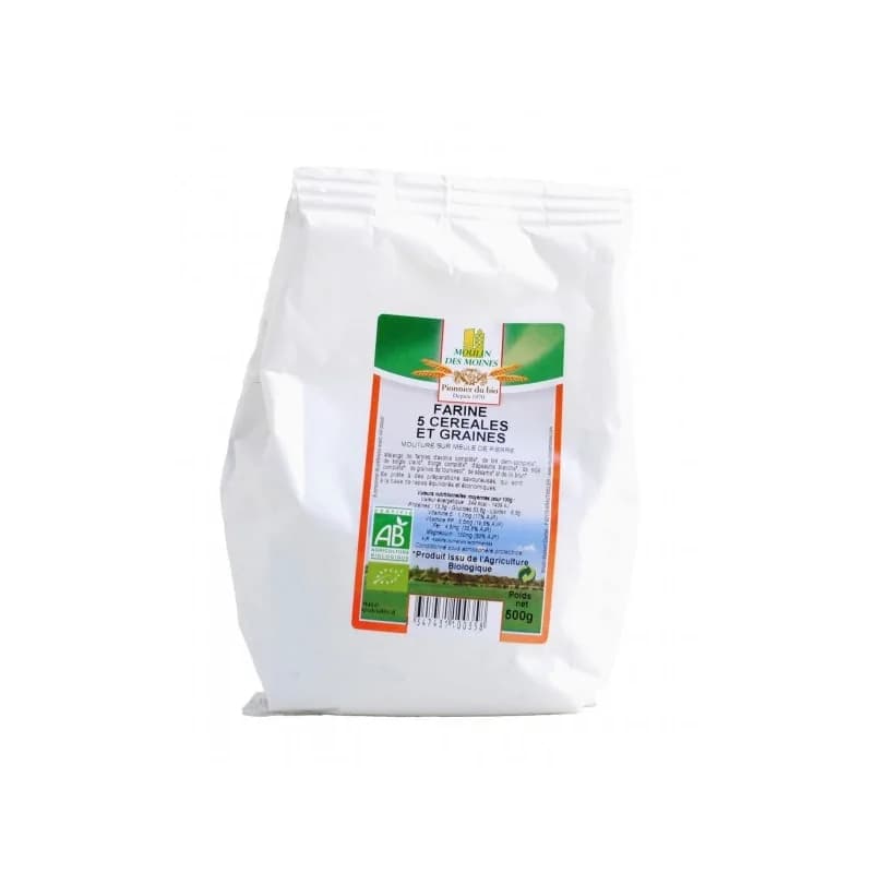 MOULIN DES MOINES "FARINE 5 CEREALES ET GRAINES 500G  (blé, seigle, orge, épeautre, graines de tournessol et lin brun)"