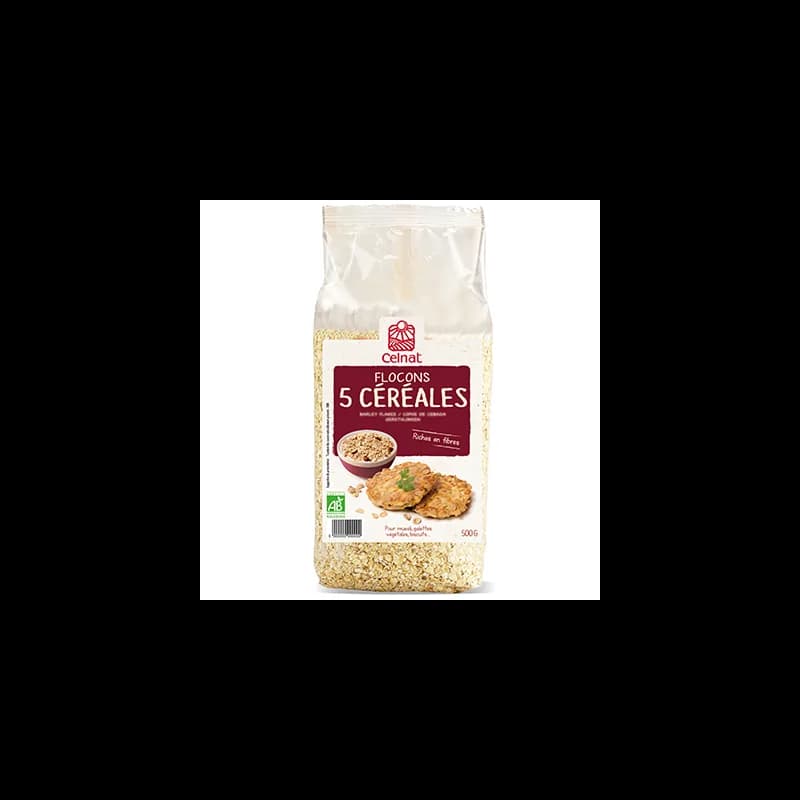CELNAT FLOCONS 5 CEREALES 500G (Blé, orge, avoine, seigle et riz)