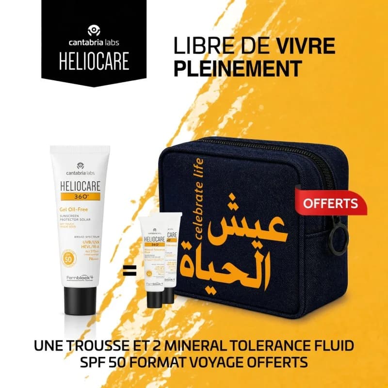 Heliocare 360° gel oil free toucher sec spf50 ACHETE + 2 minéral tolérance fluide 5 ml  + trousse offerte