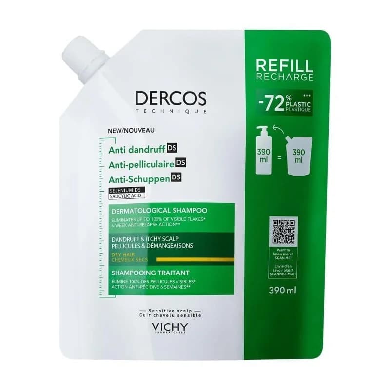 VICHY DERCOS SHAMPOING DERMATOLOGIQUE ANTI PELLICULAIRE DS CHEVEUX SECS RECHARGE 390 ML
