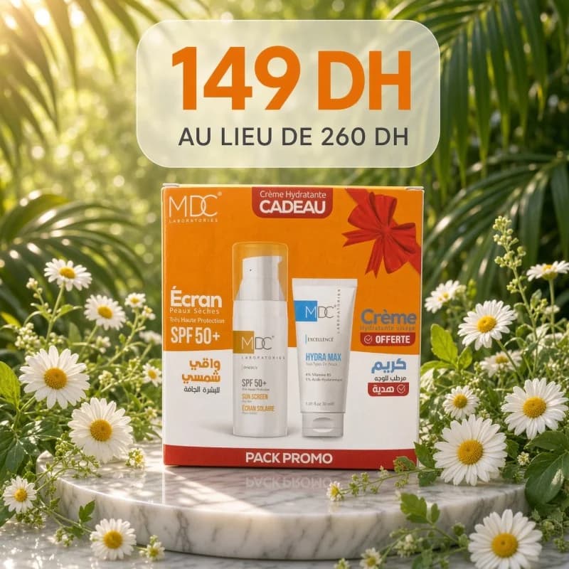 MDC PACK SYNERGY ECRAN SOLAIRE SPF 50+ PEAUX SECHES 50 ML + CREME HYDRATANTE HYDRA MAX 30ML OFFERTE