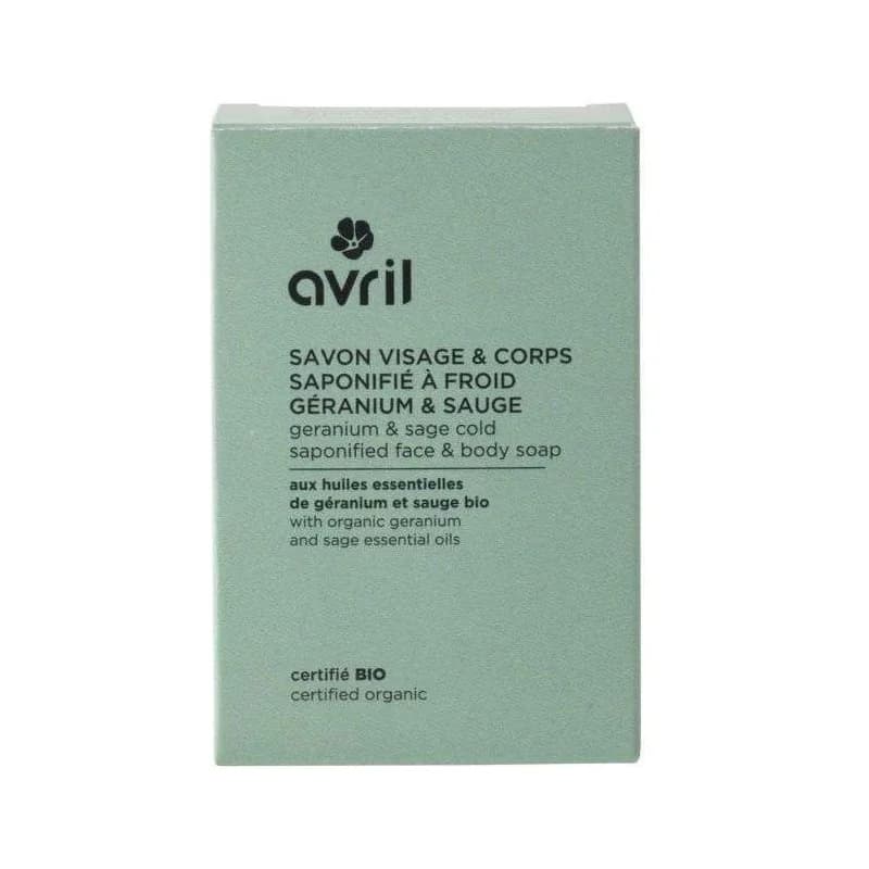 AVRIL SAVON A FROID VISAGE ET CORPS AUX HUILES ESSENTIELLES DE GERANIUM ET SAUGE BIO 100 G