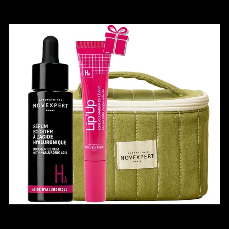 NOVEXPERT COFFRET SERUM BOOSTER A L ACIDE HYALURONIQUE ACHETE + LIP UP SOIN VOLUMATEUR DE LEVRES ET TROUSSE OFFERTS