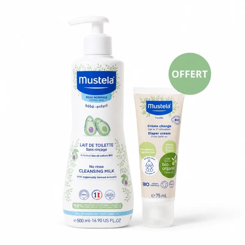 MUSTELA LAIT DE TOILETTE 500 ml sans rinçage ACHETE + MUSTELA CRÈME CHANGE BIO 75 ML OFFERT