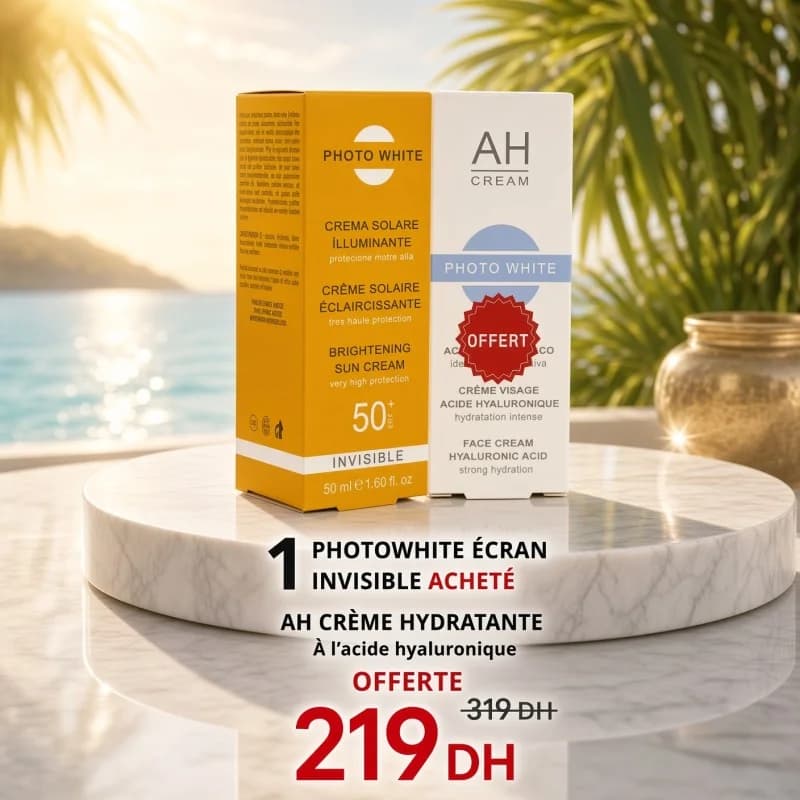 PHOTOWHITE CRÈME SOLAIRE SPF 50 INVISIBLE 50ML ACHETE +  PhotoWhite Crème AH à l’Acide Hyaluronique – 50ml OFFERT
