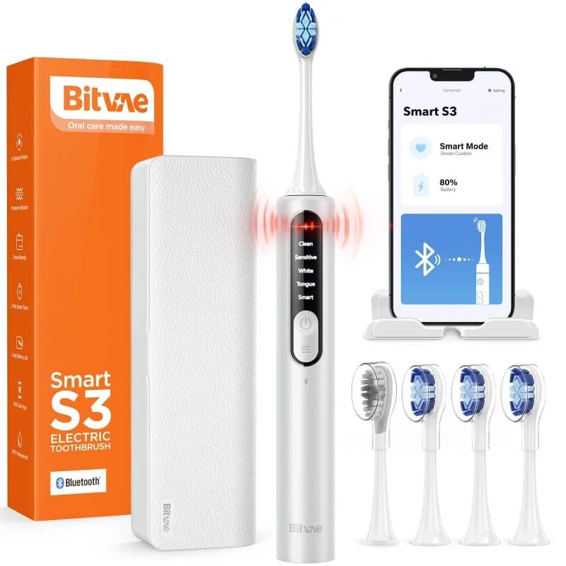 BITVAE Brosse à Dents Connectée S3 - Brossage Sonique | 5 Modes & 3 Intensités de Brossage | 4 Brossettes & Étui Inclus