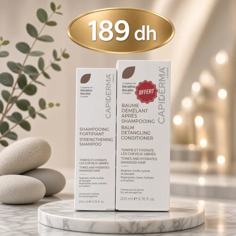 CAPIDERMA SHAMPOOING À LA KERATINE FORTIFIANT 200 ML ACHETE + Capiderma aprés shampooing 200ML OFFERT