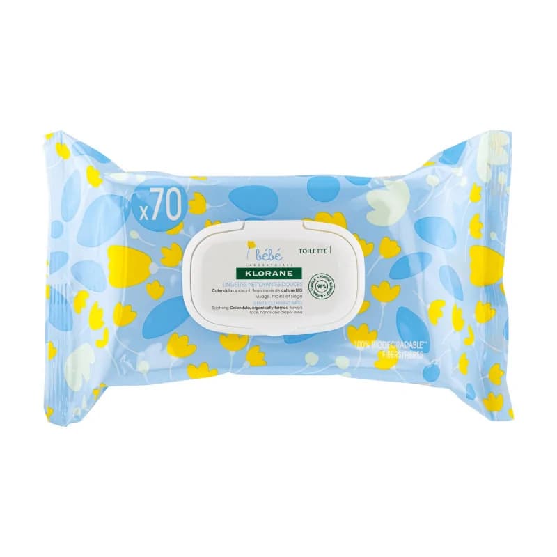 Klorane - Lingettes nettoyantes douces pour le corps au Calendula apaisant - Bébé - Peau normale à sèche 70 u